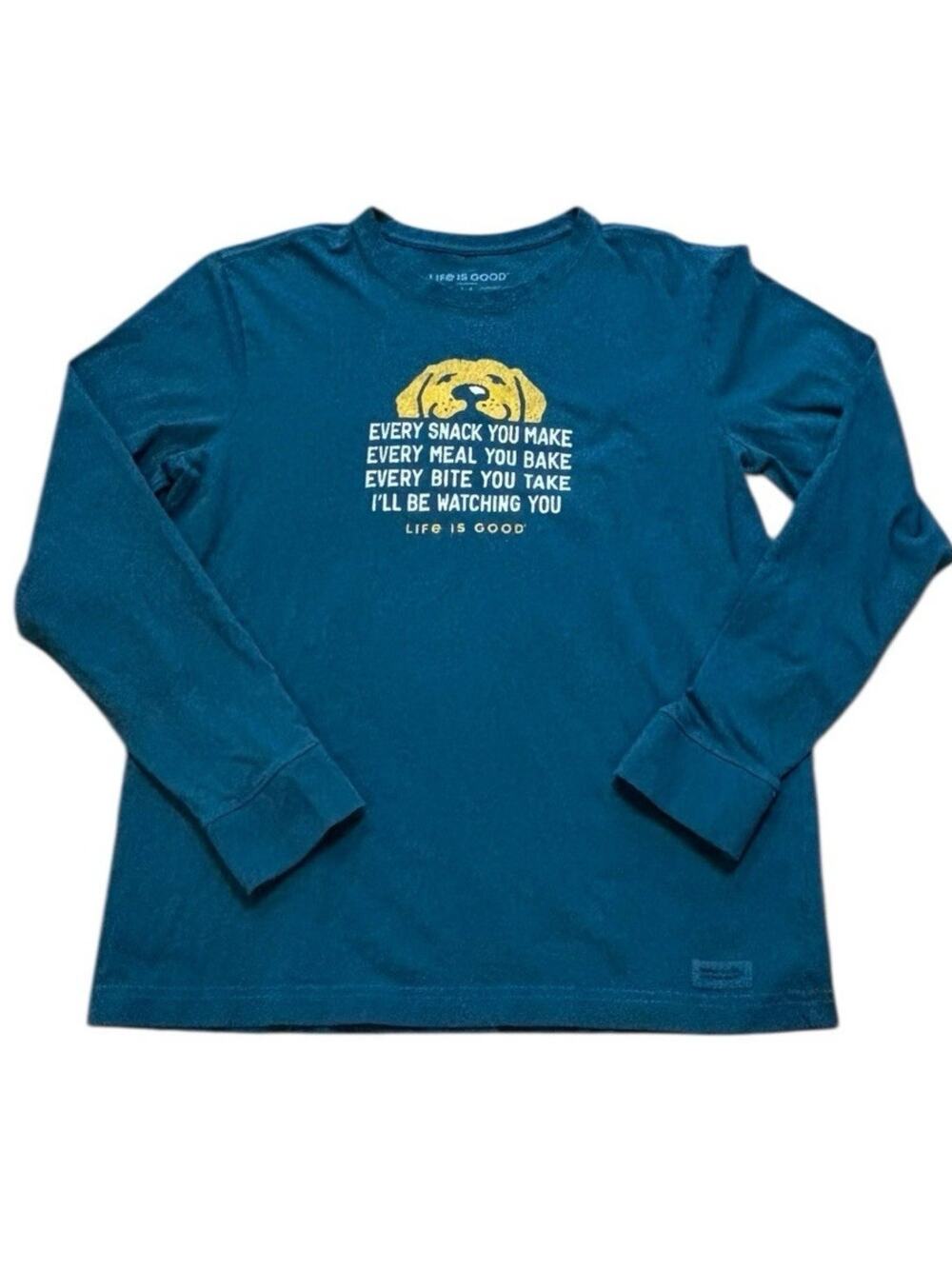 Life Is Good Crusher Tee Dog Watching You Eat Teal Blue Green Cotton Mens Medium